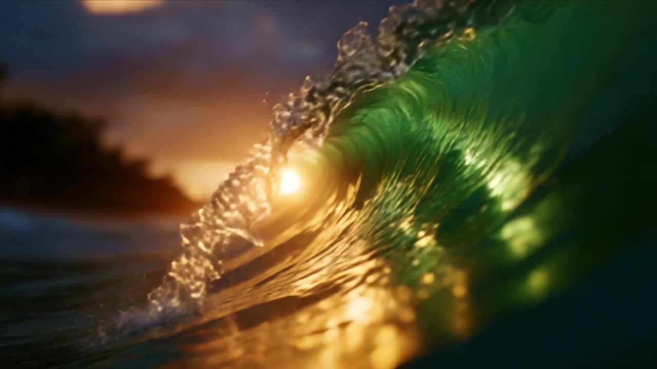Un meraviglioso tramonto illumina le onde dell'oceano, catturando il bagliore dorato che si riflette sull'acqua e creando una splendida scena naturale di serenità