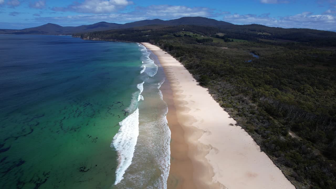 Spiaggia panoramica e vegetazione lussureggiante, Bruny Island, Tasmania, Australia - Ripresa aerea con drone