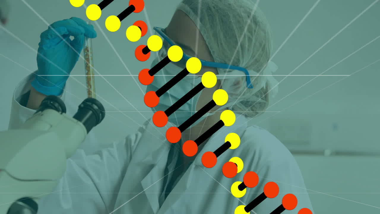 DNA strand animation over scientist working with microscope in laboratory