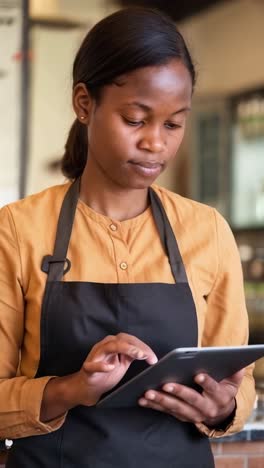 young afro waitress with her hair up, wearing a black apron checking an order on a tablet.
