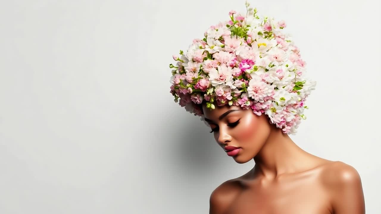L'arte floreale per capelli emana eleganza. Una modella sfoggia un'acconciatura floreale con vivaci fiori rosa, bianchi e gialli in un ambiente minimalista.