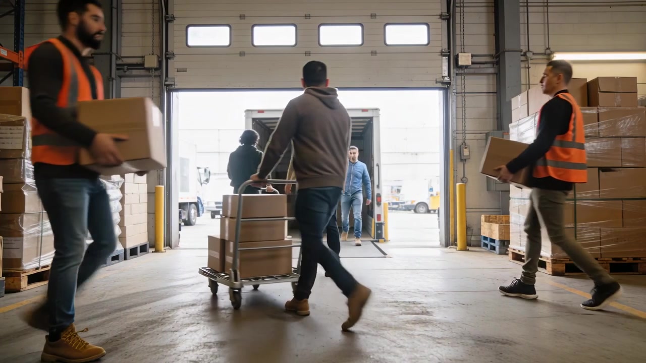 Directing yellow-vest lead guiding team after truck docking, moving boxes on trolleys to unload