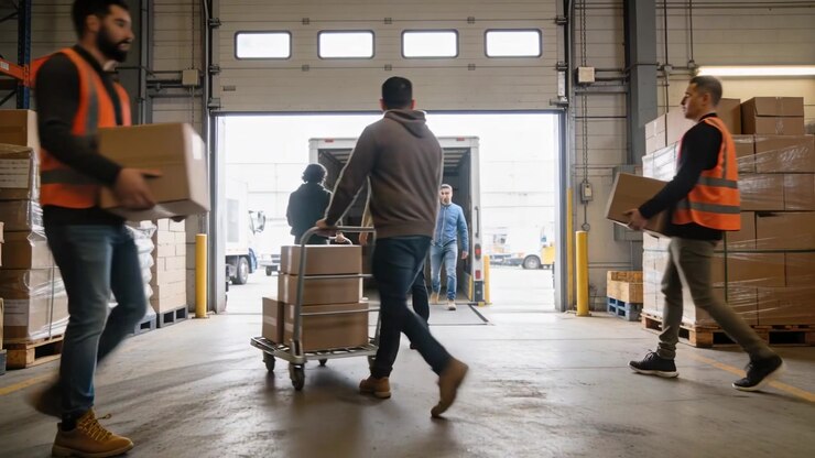 Directing yellow-vest lead guiding team after truck docking, moving boxes on trolleys to unload