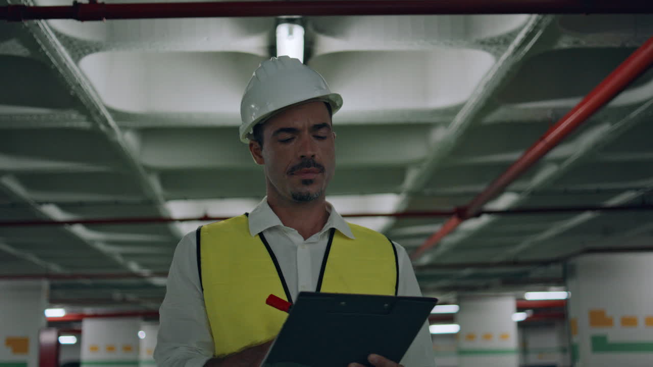 Serious engineer walking modern architecture portrait.  man writing notes