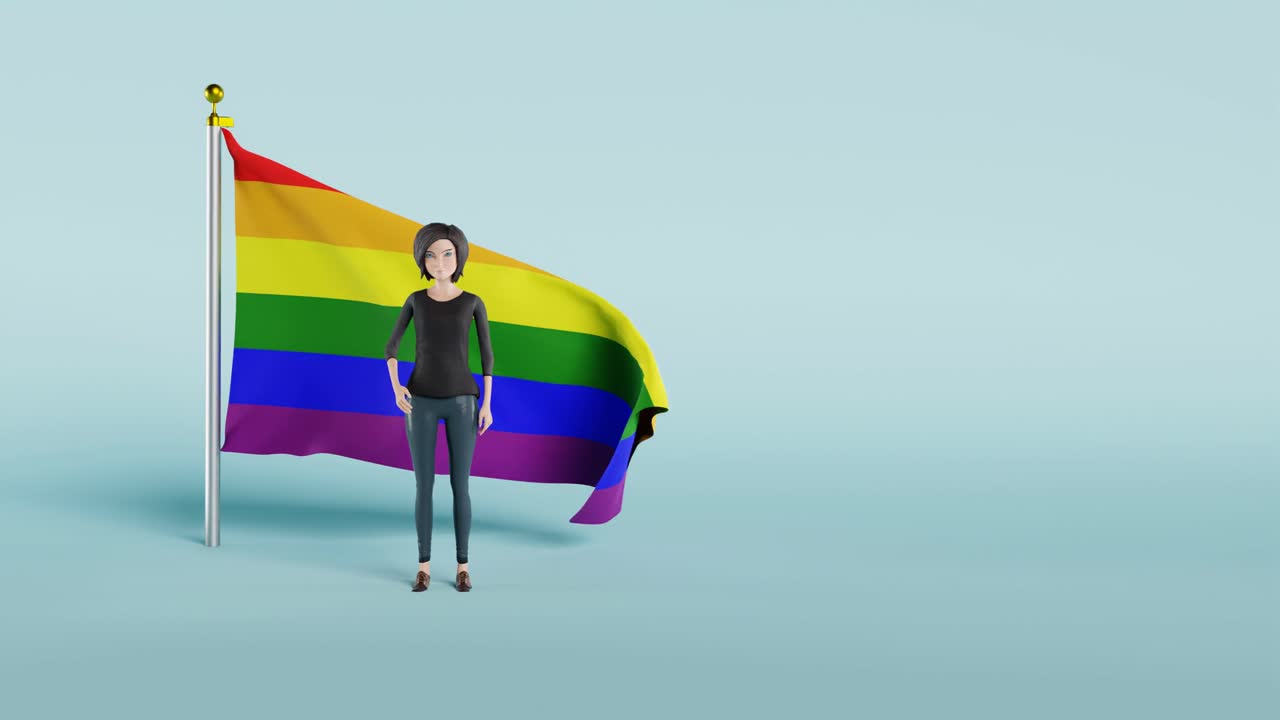 Woman standing in front of the rainbow pride flag while waving her hand, 4K with blue background animation