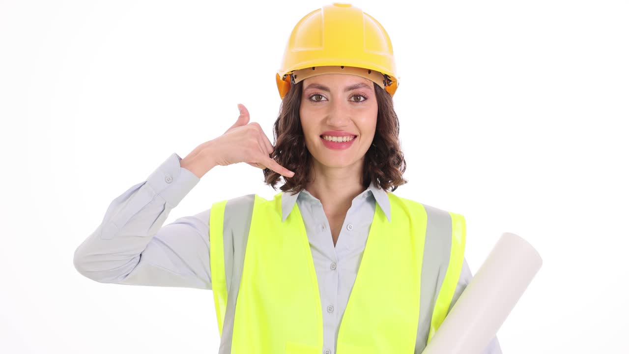 Female Engineer or Construction Worker Pointing and Making Call Me Gesture