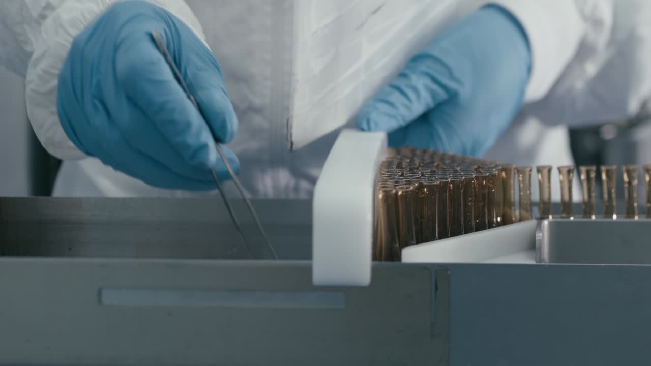 Laboratory staff arranges bottles containing chemical liquids rotating on a conveyor machine in a modern pharmaceutical manufacturing factory