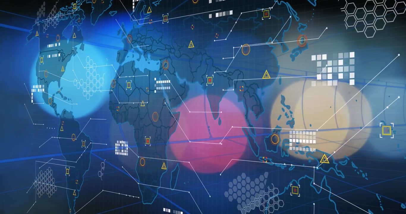 Animation of colorful spots of light and data processing over world map against blue background