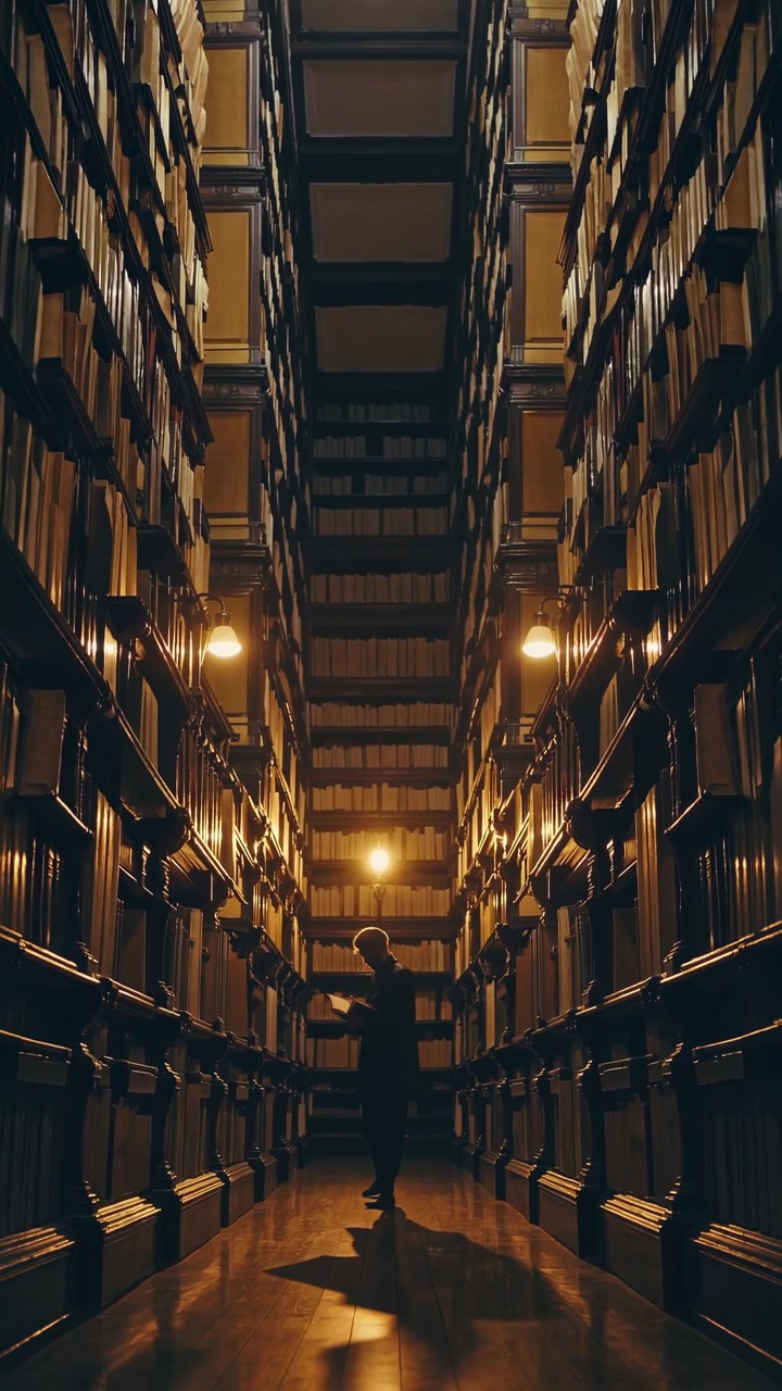 Man Reading a Book in a Grand Historic Library Aisle