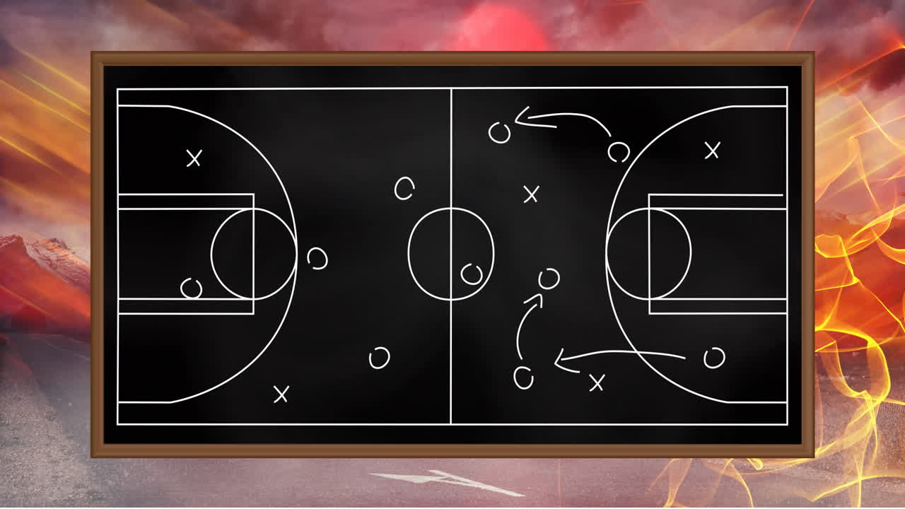Animation of game plan on black board over light trails