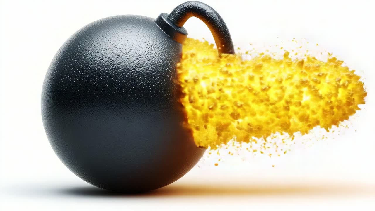 A striking representation of a black bomb with a fuse, the first frame illustrates the explosive moment, while the last frame shows the aftermath of a burst, with yellow powder spilling out