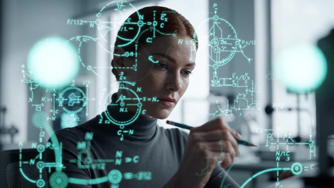 A focused scientist analyzing complex equations and concepts while immersed in a high-tech workspace filled with digital displays and intricate diagrams.
