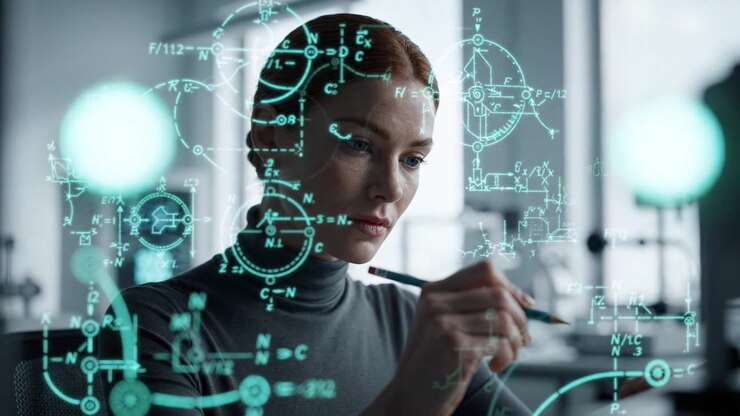 A focused scientist analyzing complex equations and concepts while immersed in a high-tech workspace filled with digital displays and intricate diagrams.