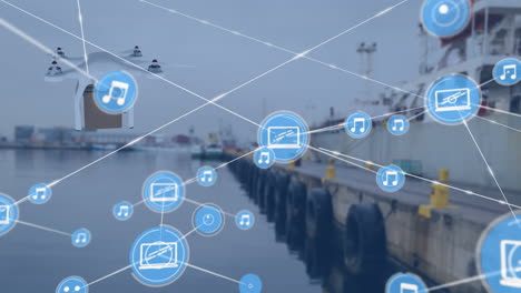 animación de la red de conexiones con iconos sobre drones que llevan paquetes