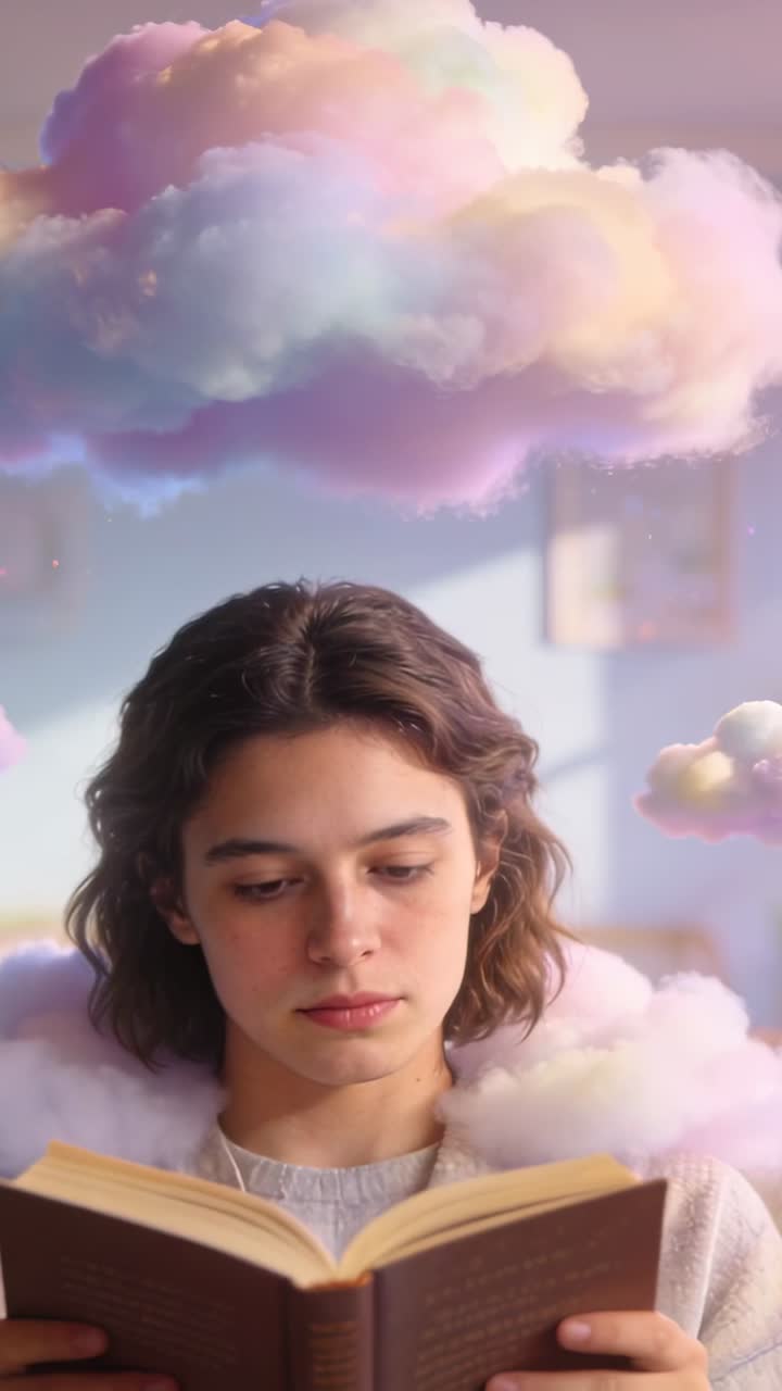 Video vertical: Adolescente leyendo con top de punto abriendo un libro para estudiar en casa, girando con nubes pastel