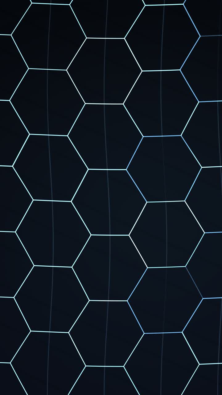 A grid of white-outlined hexagons on a black background with subtle blue gradients and vertical lines, creating a minimalist abstract pattern