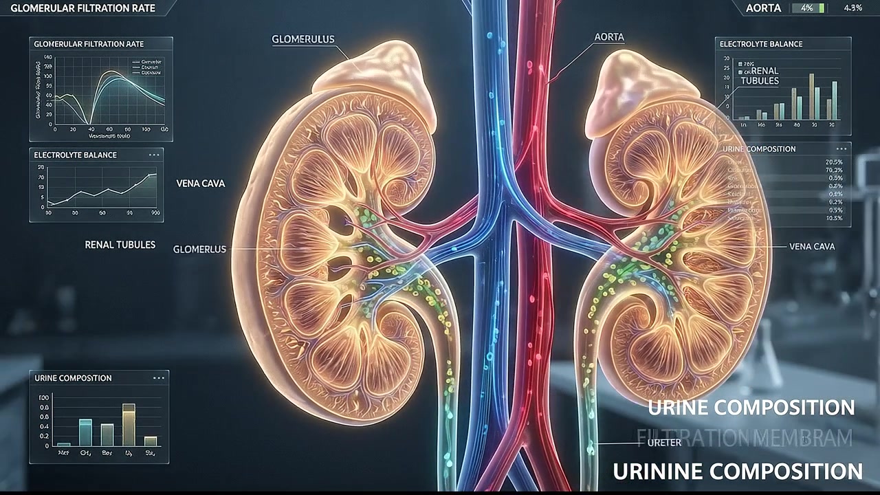 Transparent kidney anatomy visualization with detailed renal organs and bloodstream