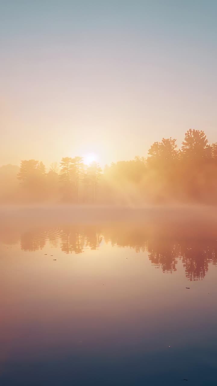 Vertical video: Emerging sun over tree line lake at dawn lifting mist, casting rays and reflections