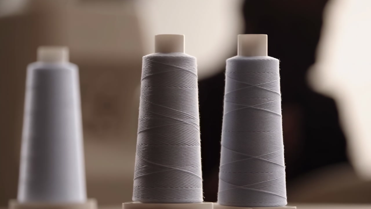 Closeup Gray Thread Spools Foreground Blurred Silhouette Behind Warm Lighting Soft Focus, Two Full Gray Spools