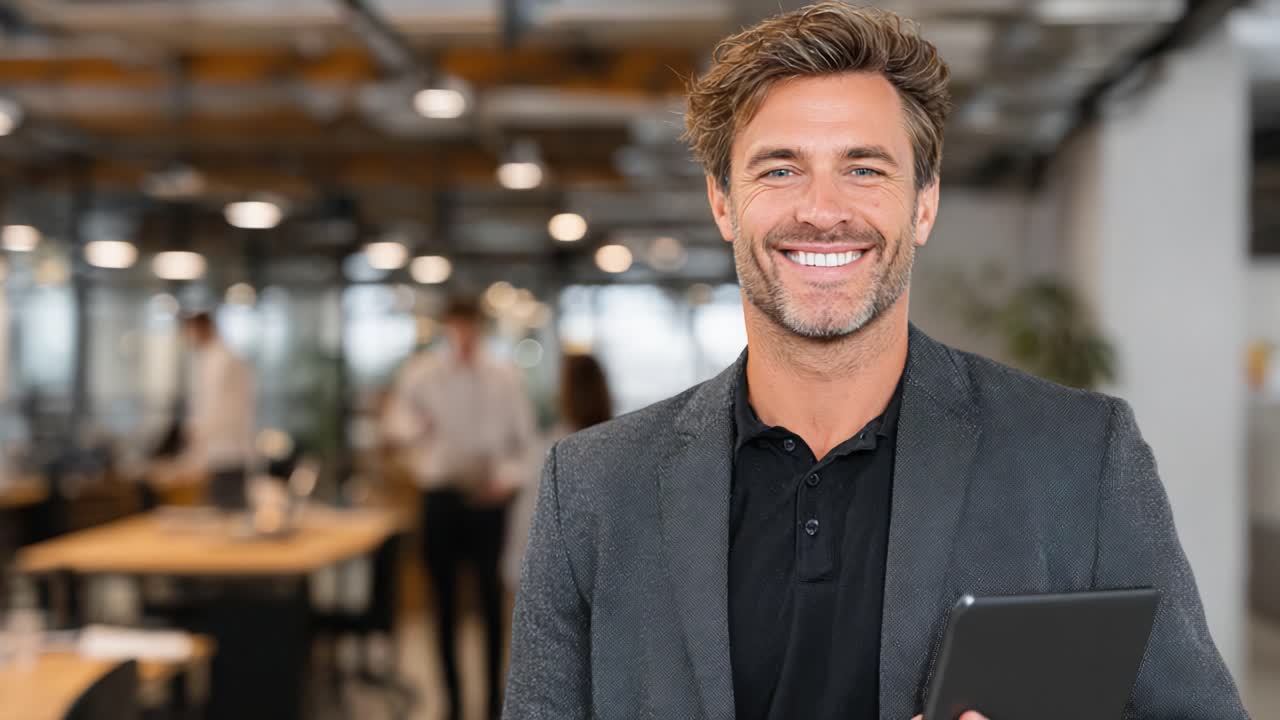 Professionista sicuro di sé sorridente in un moderno ufficio che tiene in mano un tablet, irradiando positività e accessibilità in un ambiente di lavoro coinvolgente