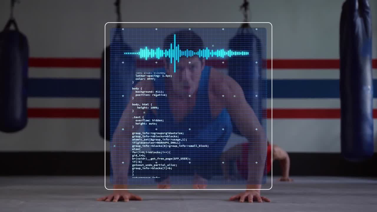 Animation of data processing over man doing press ups, exercising in gym