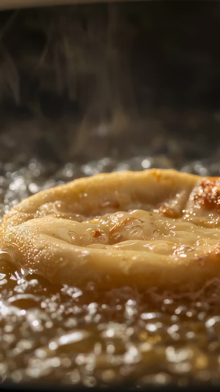 Vertical video: Landing dough fritter sizzling in stove pan forming golden spots with bubbles