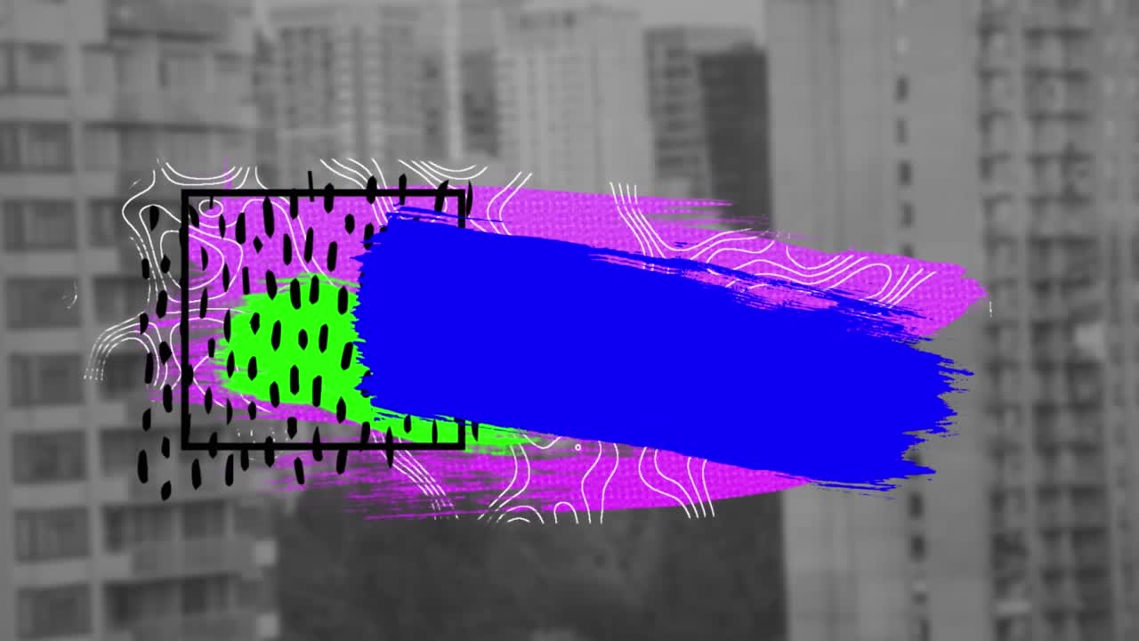 Animación de manchas de color vibrante y líneas blancas sobre un paisaje urbano