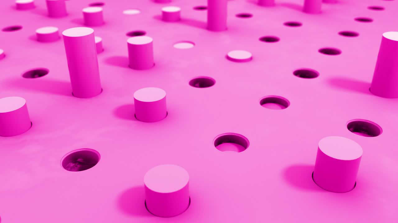 3D shapes cylinder flying intro holes in violet pastel colors. 4k seamless loop render animation.
