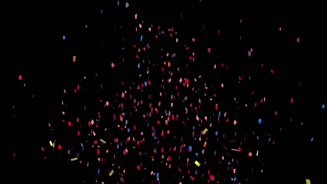 Animation of multi coloured confetti falling over black background