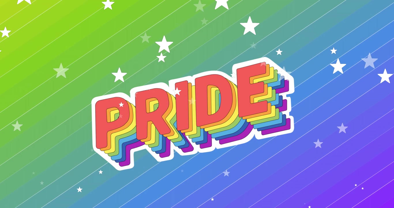 Animazione di testo Pride nei colori dell'arcobaleno con stelle bianche che cadono su sfondo colorato