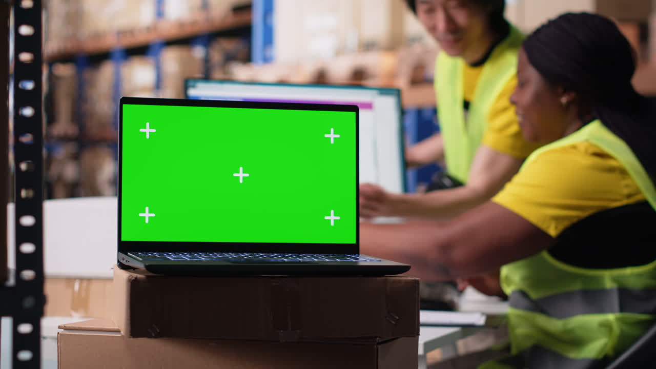 Staff reviews chroma key monitor in the stock room for data entry