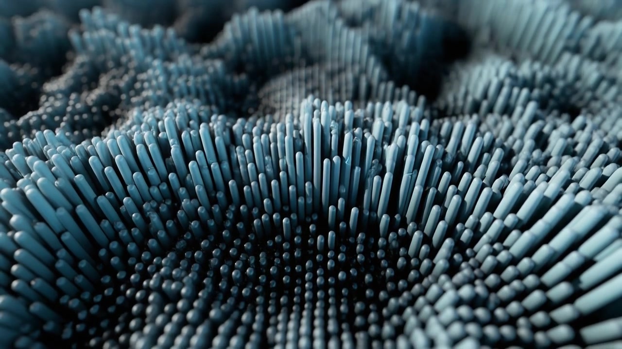 Abstract 3D Animation of Moving Blue Cylindrical Pillars