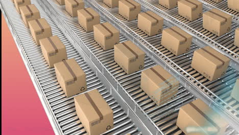 animation of charts and processing data over boxes moving on a warehouse conveyor belts