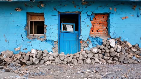 a blue door and window in a blue building with a broken window