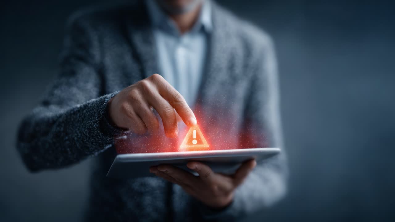 A person interacts with a glowing warning symbol displayed on a digital tablet, highlighting the importance of caution in today's technology-driven world