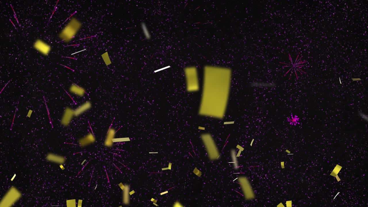 Animation of 2022 text in pink with new year fireworks and gold confetti in night sky