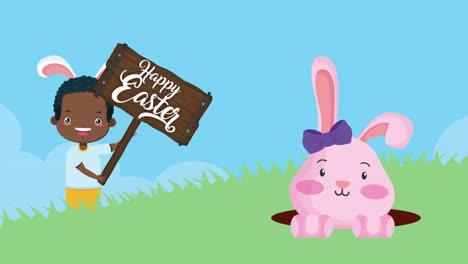 feliz pascua tarjeta animada con afro niño pequeño y conejo