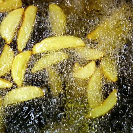 Golden potato in hot oil. French fries in the deep fryer are fried. Cooking crispy fries. Close-up