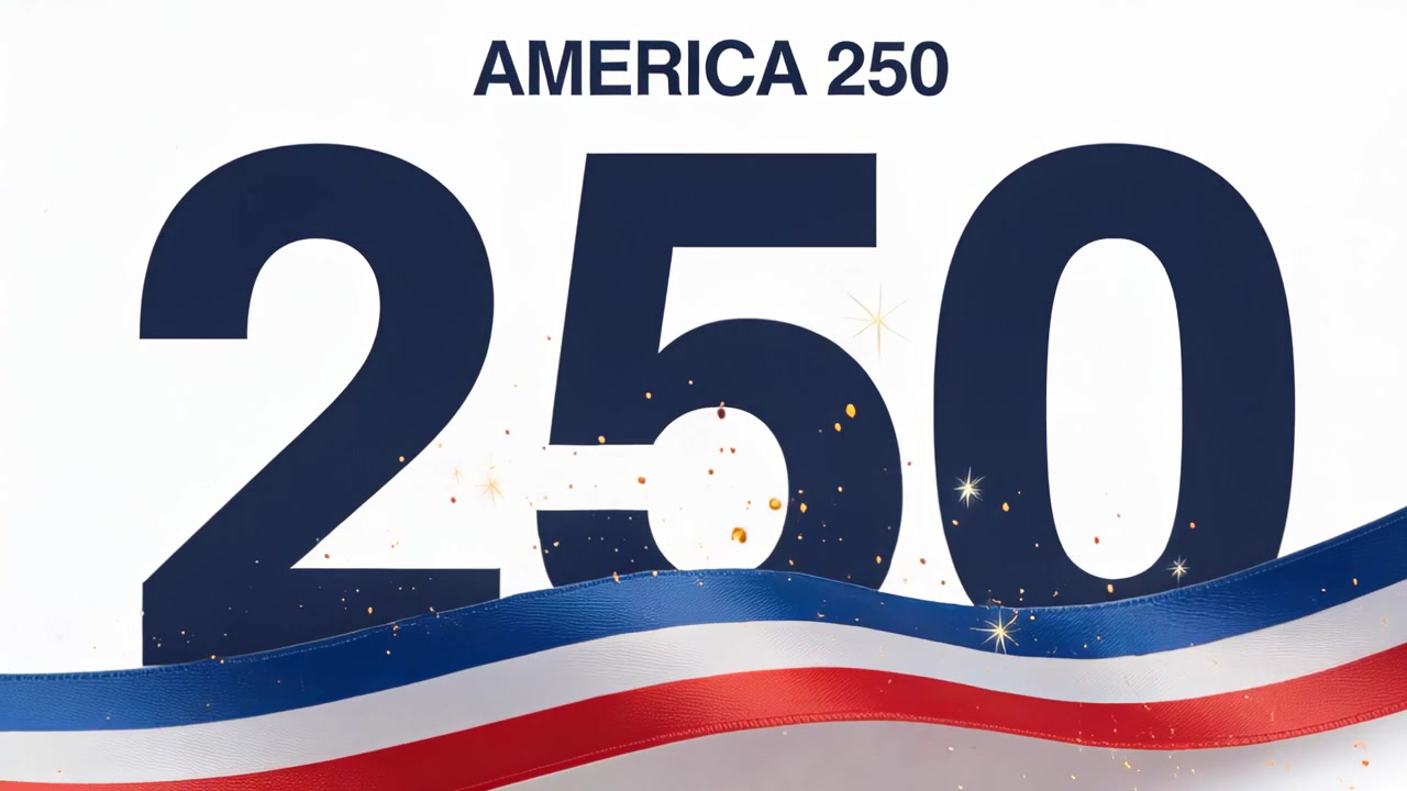 Cinta entrando por la derecha barriendo sobre el número 250 azul marino, debajo de AMERICA 250 sobre fondo blanco, con destellos de celebración.
