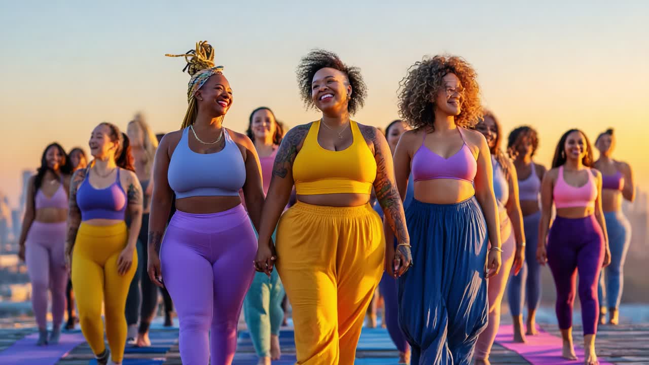 Joyful Women Celebrating Unity: A Reflective Yoga Class Embracing Diversity, Self-Love, and Empowerment Against a Beautiful Sunset Backdrop