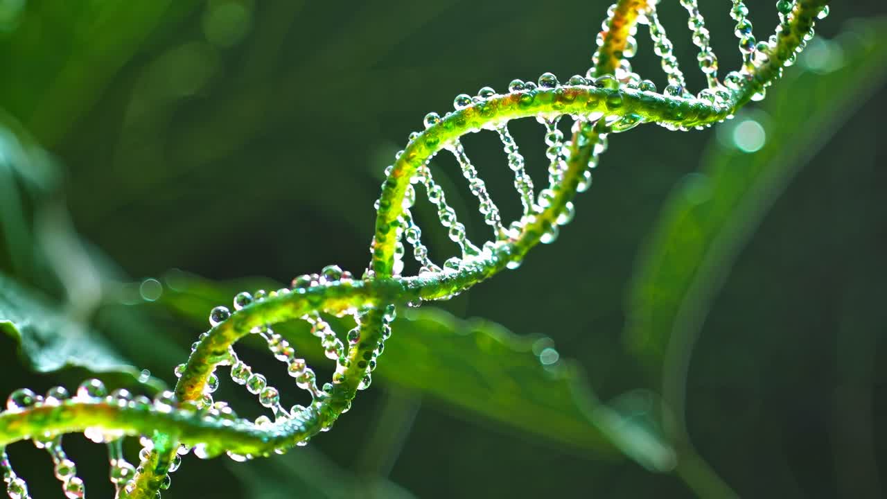 Close-up of a DNA strand with water droplets, highlighting DNA structure