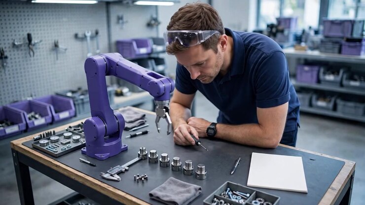 Precision Robot Arm 3D Animation, Engineer Assembling Purple Cobot