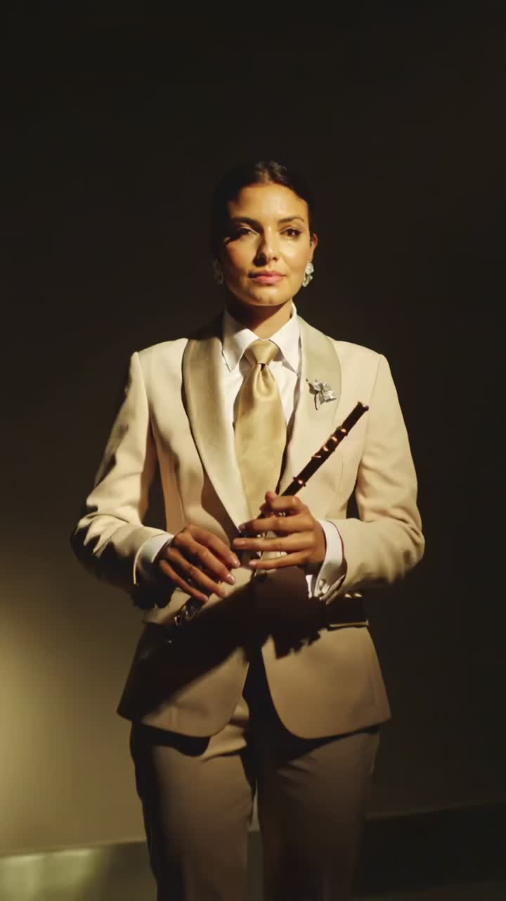 Vertical video: Flutist raising flute to lips, performing on dark stage, wearing suit and brooch