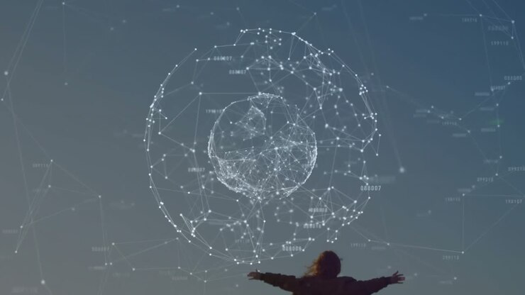 Woman extending arms coastal walkway initiating glowing nodes forming torso sphere showcasing tech