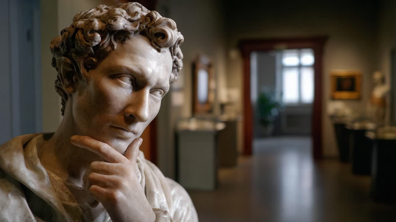 Una scultura che invita alla riflessione, catturata in una galleria d'arte, che contempla la vita e l'ispirazione con un'espressione pensierosa in un sereno ambiente museale.