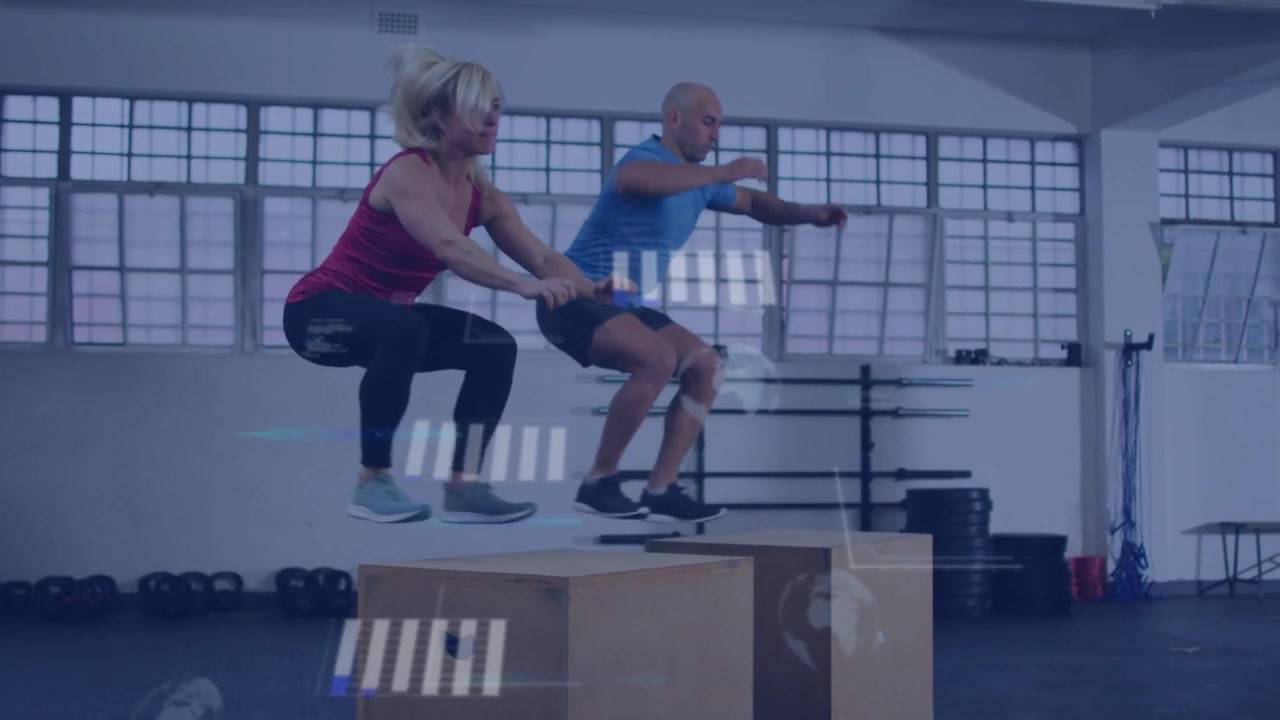 Vertical video: Pair stepping back, jumping onto plyo boxes with overlay for plyo set in red, blue