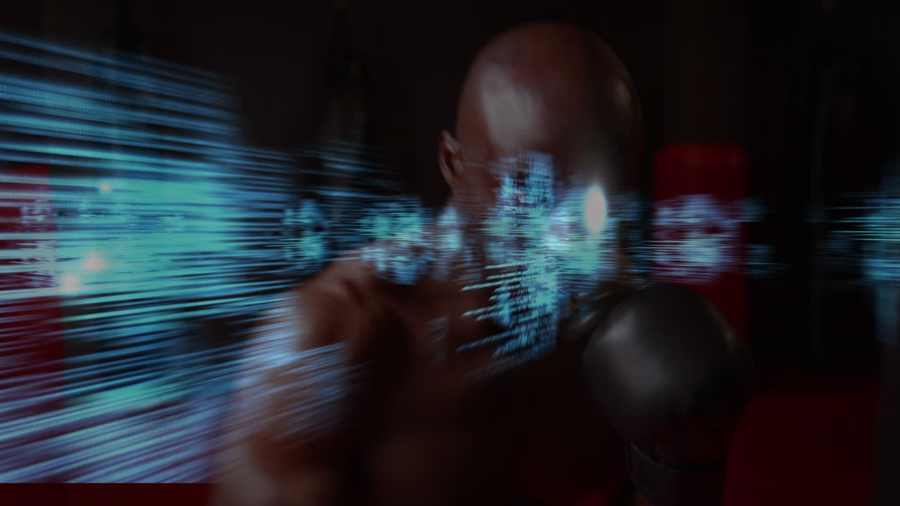 animación de diversos procesamientos de datos en pantallas sobre boxeador afroamericano en el espacio negro