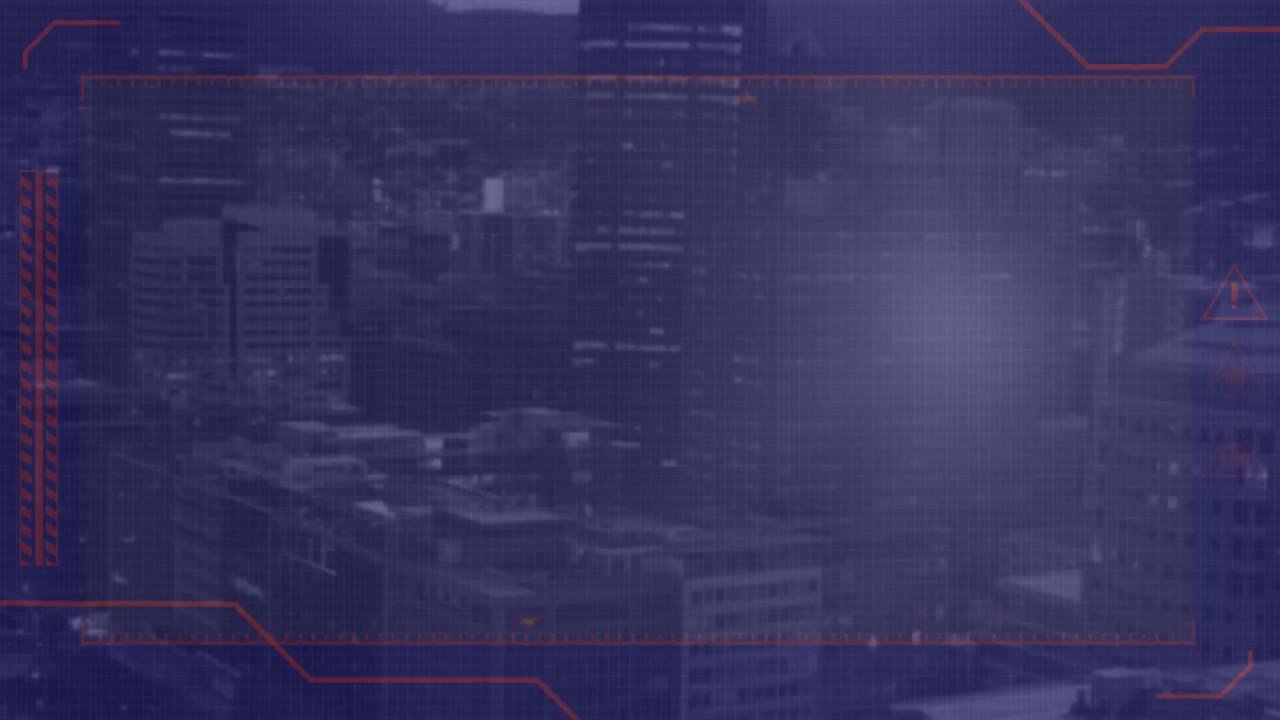 animación de la interfaz con el procesamiento de datos frente a una vista aérea del paisaje urbano