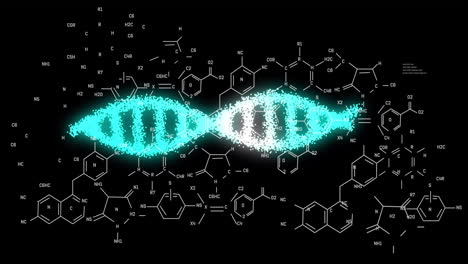 dna strand animation over chemical structures and molecular formulas