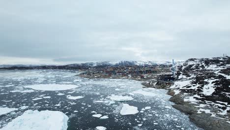 Magical-township-in-landscape-of-Greenland,-aerial-drone-view